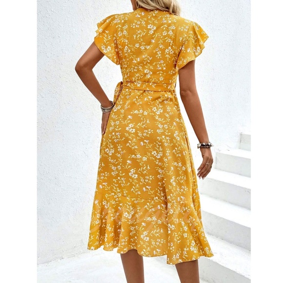 Yellow Floral Print Bodycon Ruffle Trim Ruched V-Neck Sleeveless Mini Dress main image 1